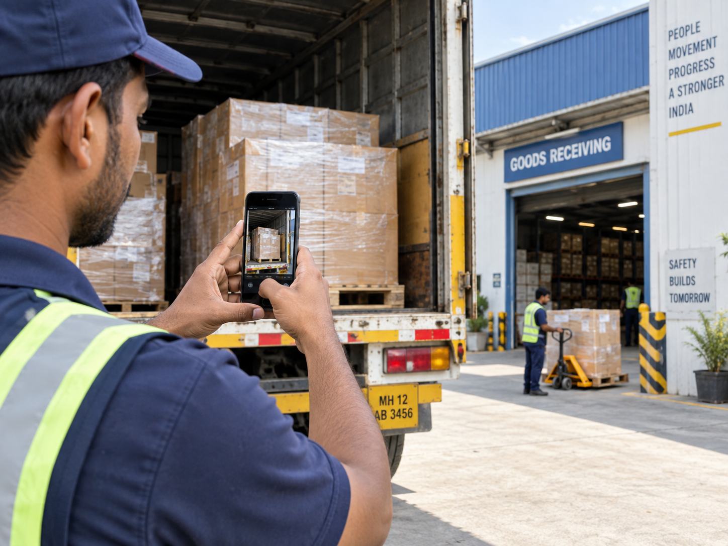 Yellow forklift stacking packed goods in a warehouse