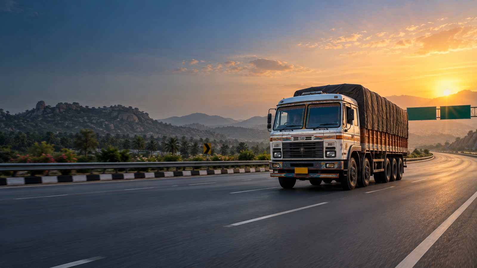 Large truck driving on an open road beside green fields